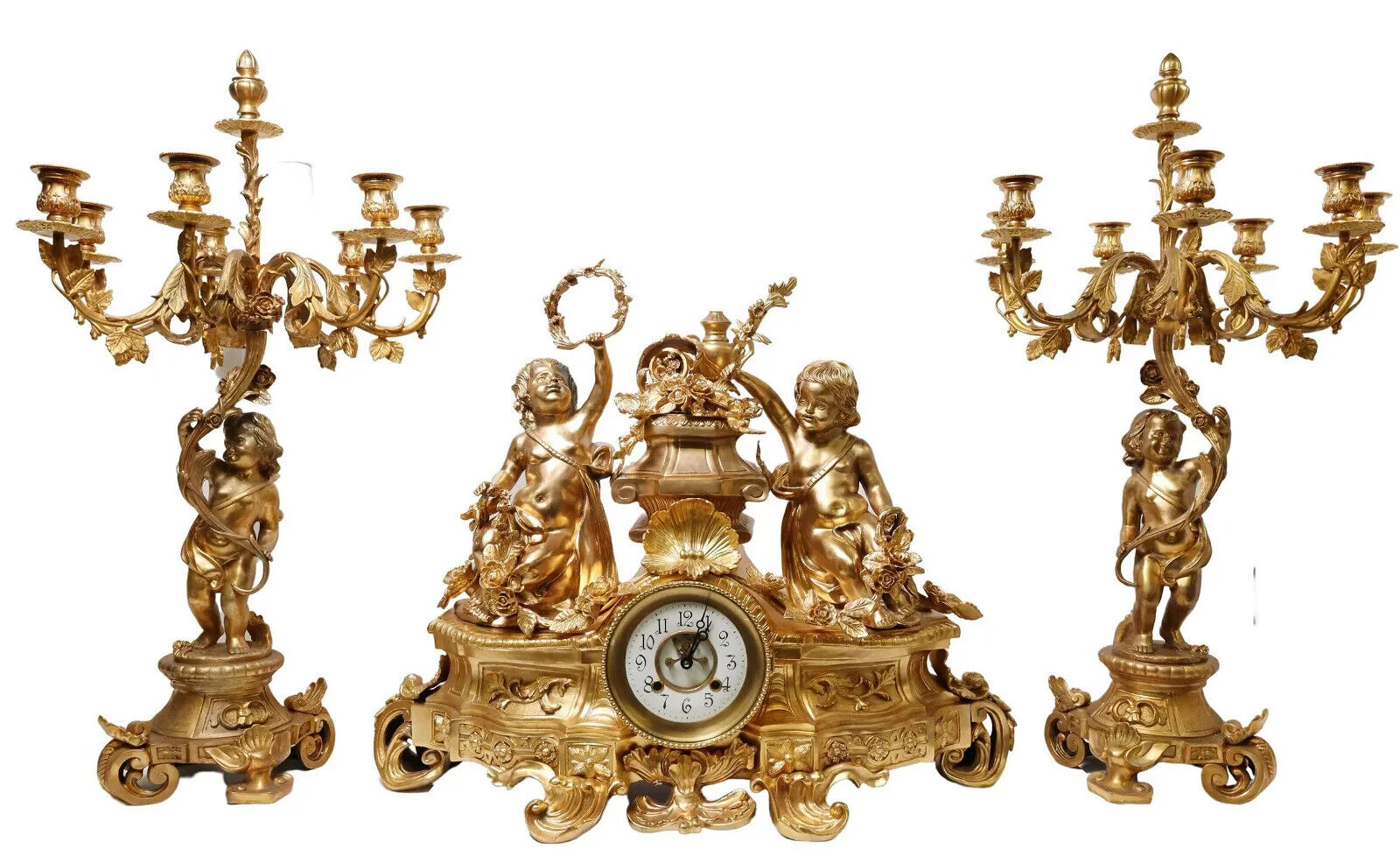 Clock, Candelabra, Mantel Set (3) Louis XV Style, Bronze Dore