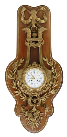 Clock, Fine French Bronze, Louis XVI Sty, Dore Lyre-Form Cartel, Vintage/Antique - Old Europe Antique Home Furnishings