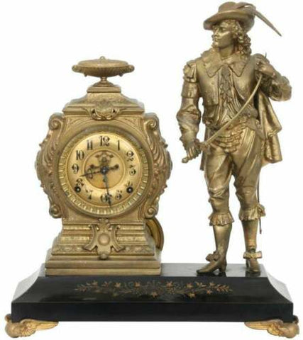 Antique Clock, Mantel, Kroeber, Gilt Metal, Arizona Figural, 1800s, Gorgeous! - Old Europe Antique Home Furnishings