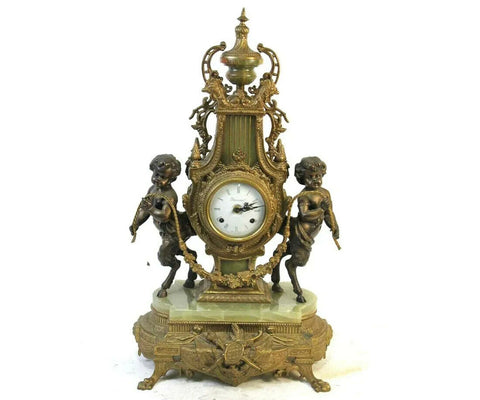 Clock, Vintage, Mantel, Gilt Brass, & Onyx, Decorative, Clock, Gorgeous!! - Old Europe Antique Home Furnishings