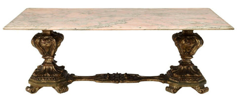 Coffee Table, Italian Marble-Top Giltwood, Double Pedestal, 1900's,Vintage!! - Old Europe Antique Home Furnishings