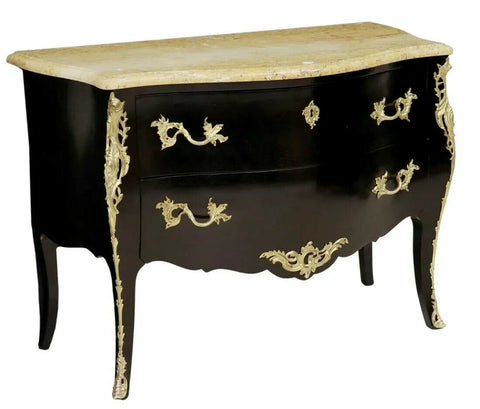 Commode, Bombe, French Louis XV Style Marble-Top, Ebonized Case, Gilt Mounts! - Old Europe Antique Home Furnishings