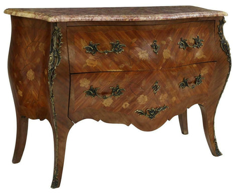 Commode, French Louis XV Style Marble-Top Mahogany, Floral Marquetry, Gilt Metal, 1900's! - Old Europe Antique Home Furnishings