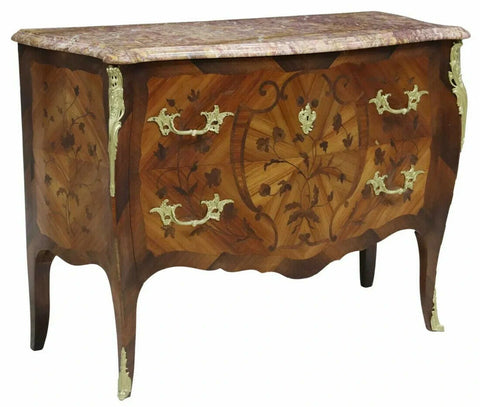 Commode, French Louis XV Style, Marble-Top Marquetry Cabinet, Gilt Mou, 1900's! - Old Europe Antique Home Furnishings