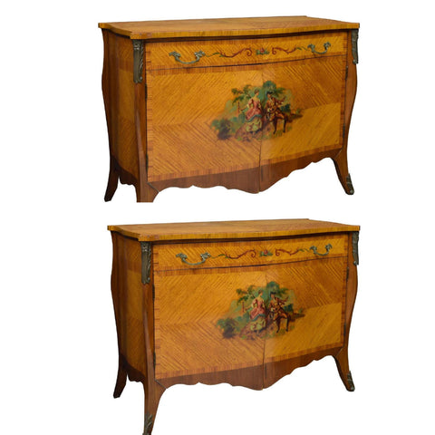 Commodes, Louis XV Style Walnut Figural, Painted, Pair, (2) Vintage / Antique!! - Old Europe Antique Home Furnishings
