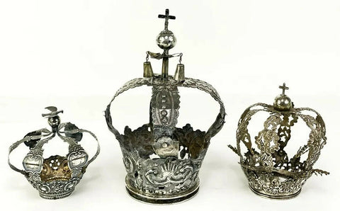 Crowns, Spanish, Colonial, Silver, Ornate, Embossed Decoration, Set of Three! - Old Europe Antique Home Furnishings
