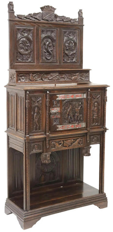 Cupboard, Cabinet, Vestry, Spanish Renaissance Revival, Oak, Crest, 1800s! - Old Europe Antique Home Furnishings