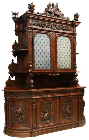 Cupboard, Hunt, Oak, French, Carved, Monumental, Display, Glass Doors 1800's !! - Old Europe Antique Home Furnishings