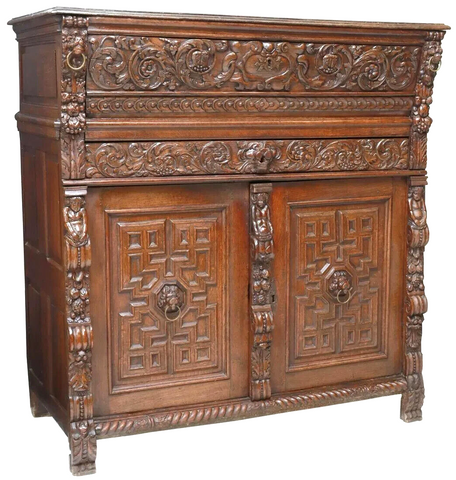 Cupboard, Sideboard, French Renaissance Revival Carved Oak, Foliate, early 1800s!! - Old Europe Antique Home Furnishings