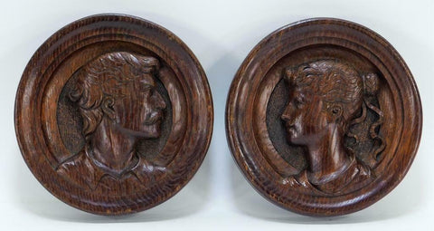 Antique Plaques, Wooden Portrait, Opposing English Carved Plaques, Handsome Decor! - Old Europe Antique Home Furnishings