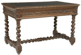 Desk, Writing, Renaissance Revival Carved Oak, Inset Leather, Twist Legs, 1800's - Old Europe Antique Home Furnishings