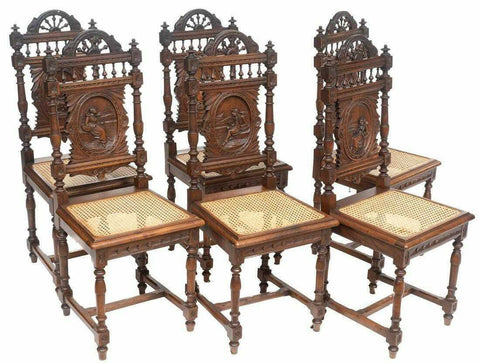Dining Chairs, French Breton, Set of 6, Vintage, Heavily Carved, Rattan Seat!! - Old Europe Antique Home Furnishings