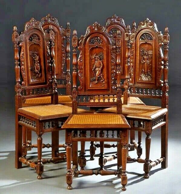 Dining Chairs, Oak, Set of Five Spanish Renaissance Style, Figural