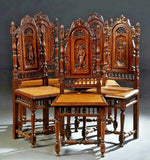 Dining Chairs, Oak, Set of Five Spanish Renaissance Style, Figural, Carved Wood! - Old Europe Antique Home Furnishings