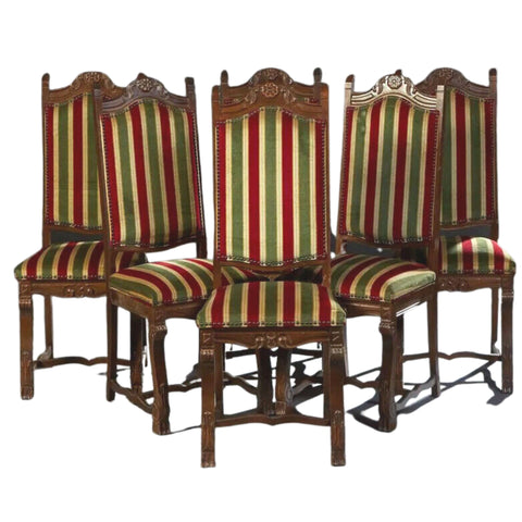 Dining Chairs, Six Spanish Renaissance Style, Vintage, Stiped Velvet, 1900's - Old Europe Antique Home Furnishings