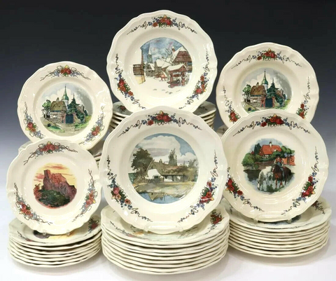 Ravissant service de table en terre de fer, Sarreguemines, modèle Fontanges, décor floral, 53