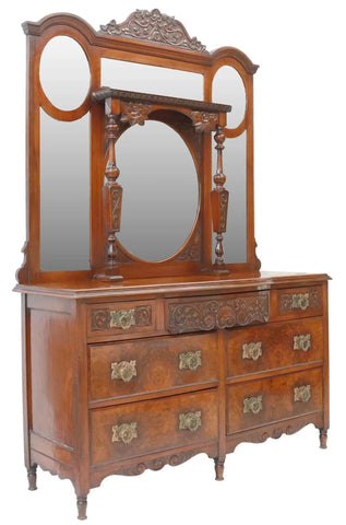 Dresser, English, Edwardian, Beveled Mirrors, Mahogany, Crest, Early 1900s! - Old Europe Antique Home Furnishings
