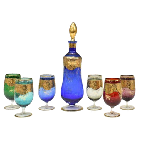 Glass, Goblets, Color, Drinks Service, (7) Seven Piece, Italian Parcel Gilt, Multicolor! - Old Europe Antique Home Furnishings