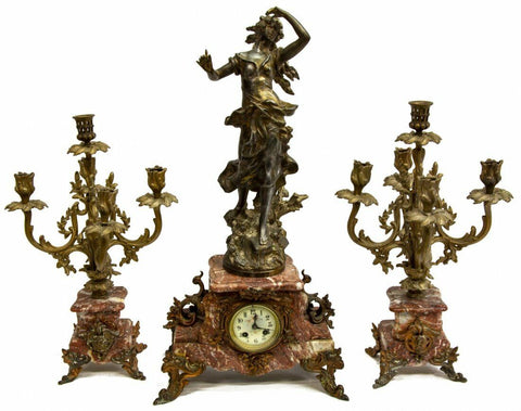 ELEGANT FRENCH FIGURAL MARBLE MANTEL CLOCK SET, early 1900s!! - Old Europe Antique Home Furnishings