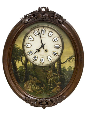 STRIKING FRENCH TIME & STRIKE PAINTED WALL CLOCK, 19TH Century ( 1800s ) - Old Europe Antique Home Furnishings