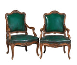 Fauteuils, Pair, Louis XV Style Carved Walnut, Green, 20th C, Vintage / Antique - Old Europe Antique Home Furnishings
