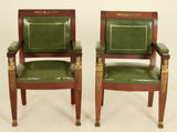 Fauteuils, Chairs, Vintage, French Empire Style, Mahogany, Green Leather, Early 1900s, Pair - Old Europe Antique Home Furnishings