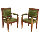 Fauteuils, Chairs, Vintage, French Empire Style, Mahogany, Green Leather, Early 1900s, Pair - Old Europe Antique Home Furnishings
