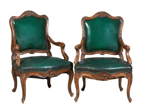 Fauteuils, Pair, Louis XV Style Carved Walnut, Green, 20th C, Vintage / Antique - Old Europe Antique Home Furnishings
