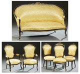 Parlor Set French Louis XV Style Ebonized Beech and Parcel Gilt, Settee 2 Armch - Old Europe Antique Home Furnishings