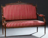 Parlor Set, French Louis XVI Style Six-Piece Carved Walnut Early 1900s,Red- Striped, Charming!! - Old Europe Antique Home Furnishings