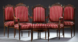 Parlor Set, French Louis XVI Style Six-Piece Carved Walnut Early 1900s,Red- Striped, Charming!! - Old Europe Antique Home Furnishings