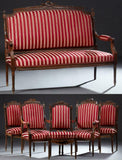 Parlor Set, French Louis XVI Style Six-Piece Carved Walnut Early 1900s,Red- Striped, Charming!! - Old Europe Antique Home Furnishings