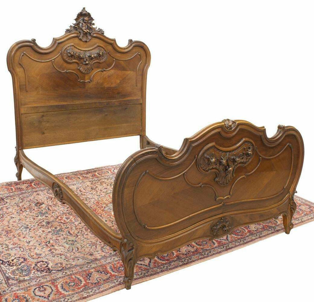 Antique French Bed, Louis XV Style Carved Walnut, 19th C., 1800s