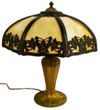 GORGEOUS AMERICAN SLAG GLASS & GILT METAL TABLE LAMP, early 1900s!! - Old Europe Antique Home Furnishings