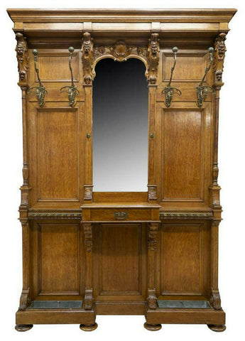 GORGEOUS CONTINENTAL CARVED OAK MIRRORED HALL TREE, 19th century ( 1800s )!! - Old Europe Antique Home Furnishings