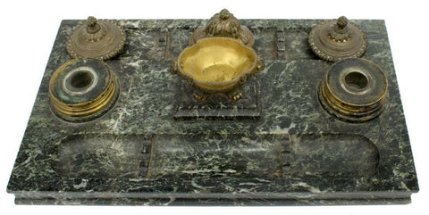 GORGEOUS FRENCH GREEN MARBLE DOUBLE INKSTAND DESK TRAY, 19th century ( 1800s ) - Old Europe Antique Home Furnishings