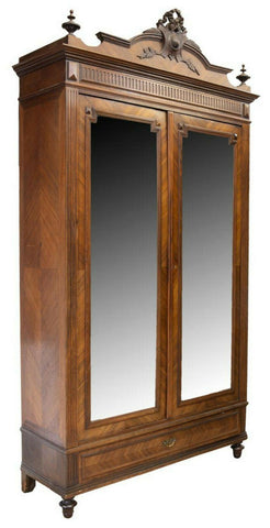 GORGEOUS FRENCH WALNUT MIRRORED DOUBLE-DOOR ARMORIE, early 1900s! - Old Europe Antique Home Furnishings