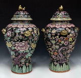 Temple Jars, Chinese Famille, Pair, Noir Porcelain, Stunning! - Old Europe Antique Home Furnishings
