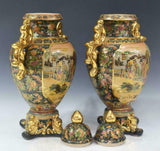 Antique Vases, Porcelain, (PR) Satsuma, Parcel Gitl, Figural Scene, Floral and Butterfly Motifs, Gorgeous Pair!! - Old Europe Antique Home Furnishings
