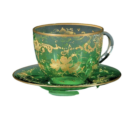 Antique Cup and Saucer, Green Glass,, Gilt Decorated, Charming Set! - Old Europe Antique Home Furnishings