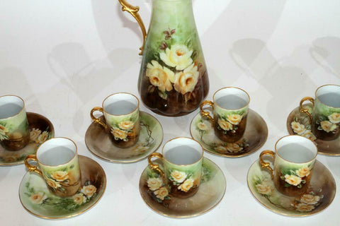 Antique Chocolate Set, Porcelain, Pitcher, Cups, Hand Painted, CA, Gorgeous 1910!! - Old Europe Antique Home Furnishings