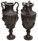 HANDSOME PAIR LARGE PATINATED BRONZE FIGURAL URNS, 32"H!!! - Old Europe Antique Home Furnishings