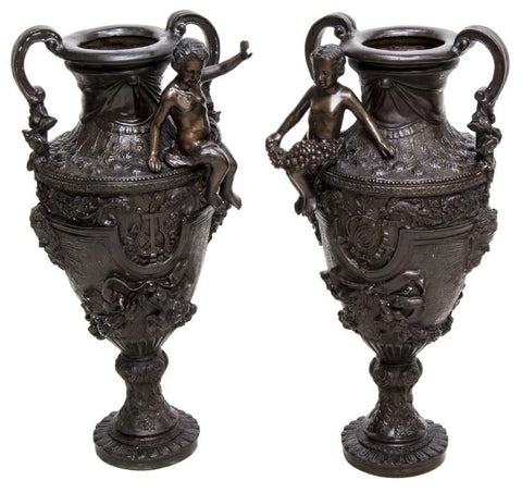 HANDSOME PAIR LARGE PATINATED BRONZE FIGURAL URNS, 32"H!!! - Old Europe Antique Home Furnishings