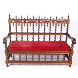 Hall Bench, American Renaissance Revival, Oak, Carved, Red, Vintage / Antique!! - Old Europe Antique Home Furnishings