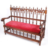 Hall Bench, American Renaissance Revival, Oak, Carved, Red, Vintage / Antique!! - Old Europe Antique Home Furnishings