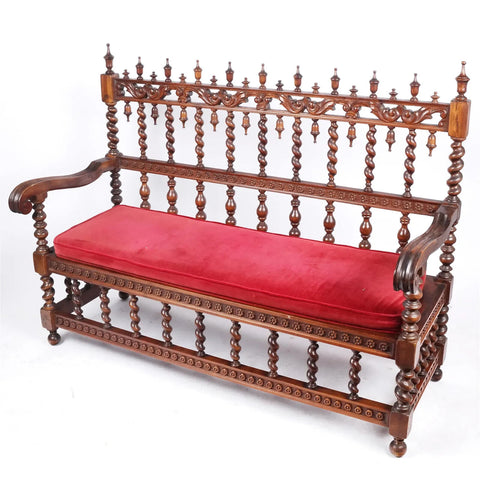 Hall Bench, American Renaissance Revival, Oak, Carved, Red, Vintage / Antique!! - Old Europe Antique Home Furnishings