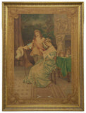 INCREDIBLE LARGE FRAMED COURTING SCENE PAINTED TAPESTRY, early 1900s!! - Old Europe Antique Home Furnishings