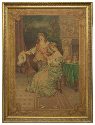INCREDIBLE LARGE FRAMED COURTING SCENE PAINTED TAPESTRY, early 1900s!! - Old Europe Antique Home Furnishings