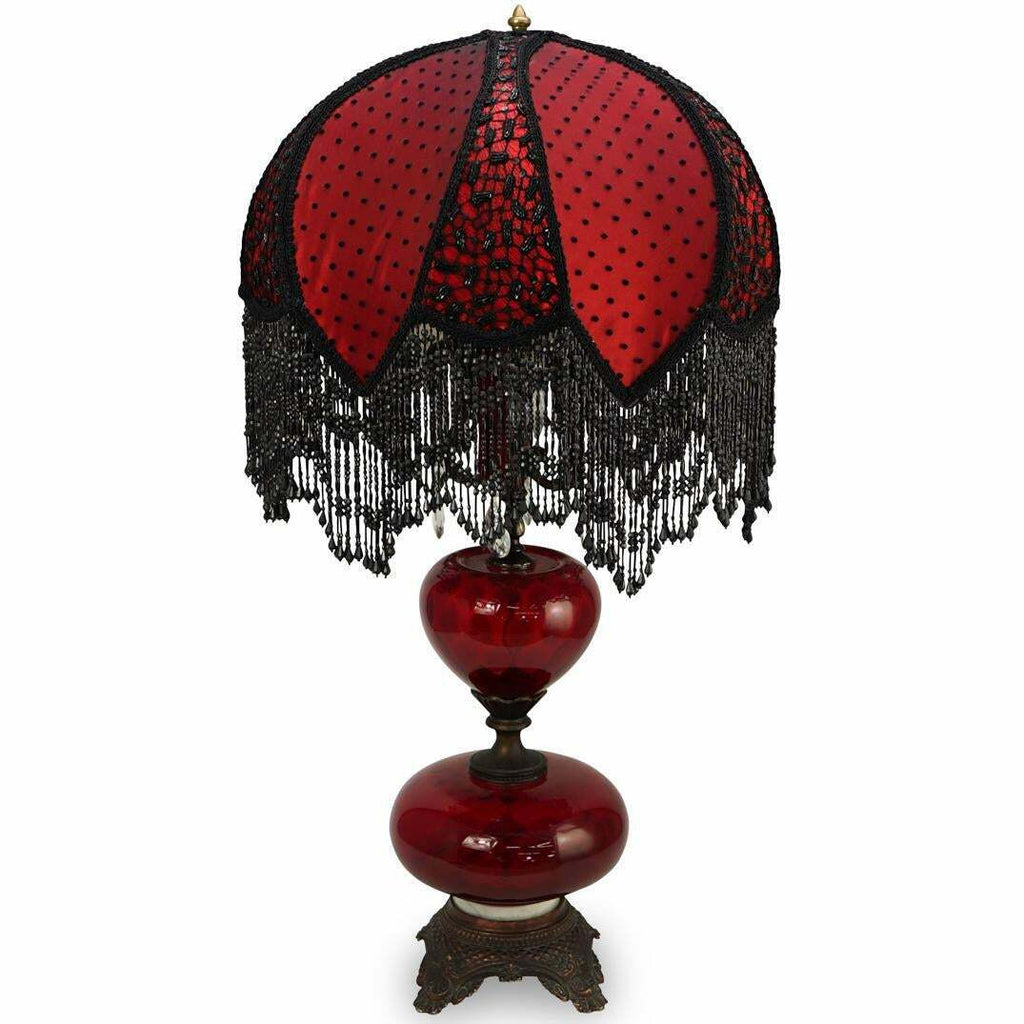 Lamp Bordello Red Glass Satin Lace Continental 20th C. Gorgeous Lampshade Old Europe Antique Home Furnishings