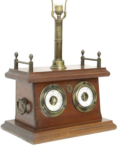 Lamp, Table, Mahogany-Cased Weather Station, Barometer Gauge, Vintage / Antique - Old Europe Antique Home Furnishings